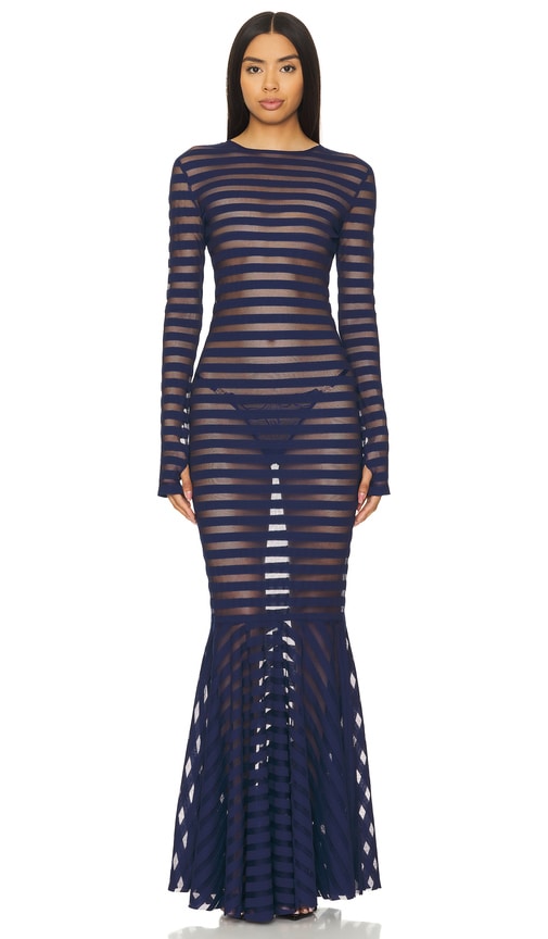 Norma Kamali Long Sleeve Crewneck Fishtail Gown in Navy