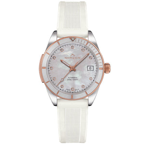 NORQAIN Adventure Sport Mother of Pearl Diamond Dial White Rubber Strap Watch 37mm - N1800CG89A/M18DG/18WRE16
