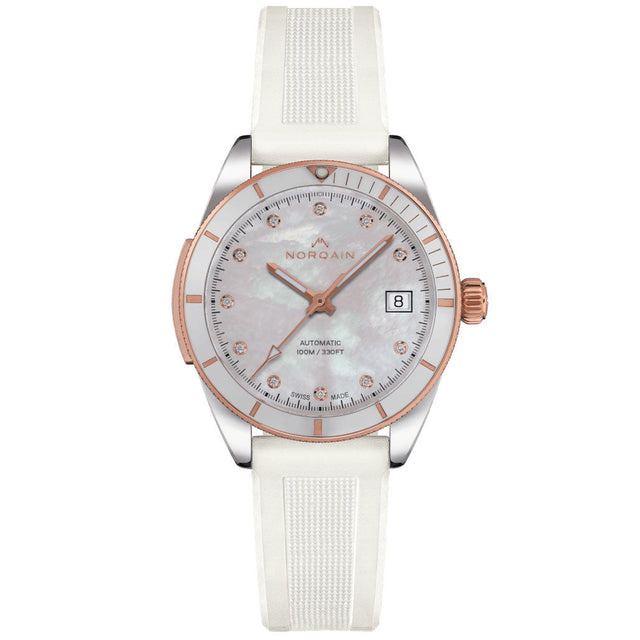 NORQAIN Adventure Sport Mother of Pearl Diamond Dial White Rubber Strap Watch 37mm - N1800CG89A/M18DG/18WRE16