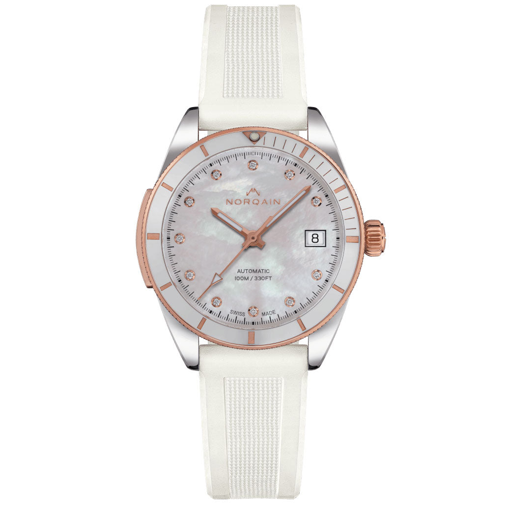 NORQAIN Adventure Sport Mother of Pearl Diamond Dial White Rubber Strap Watch 37mm - N1800CG89A/M18DG/18WRE16