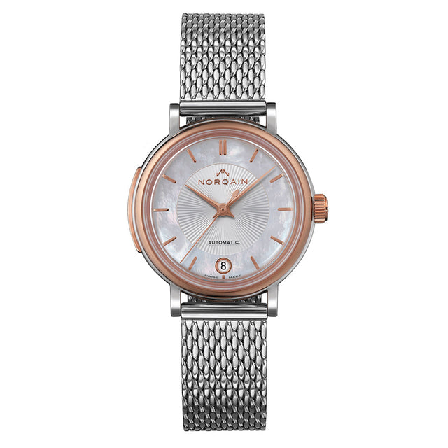 NORQAIN Freedom 60 Steel & Gold Mother-of-Pearl Dial Milanaise Stainless Steel Automatic Watch 34mm - N2800G82A/M28G/281S