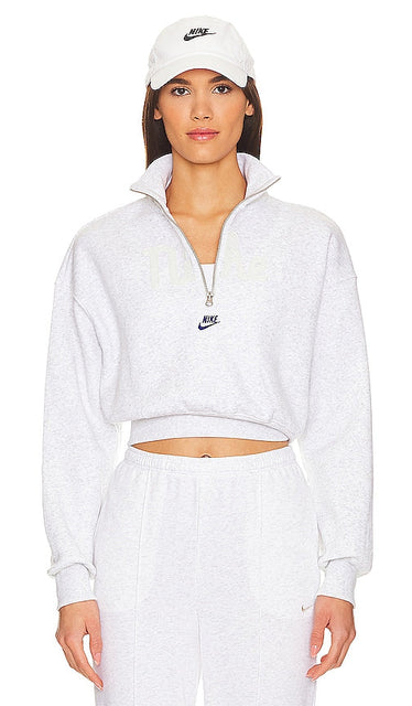 Nike Cropped Fleece Quarter Zip in Light Grey