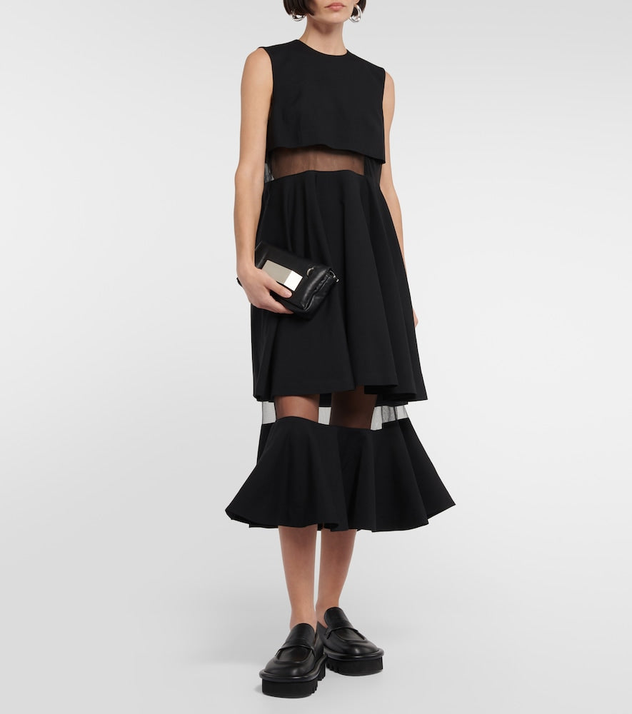 Noir Kei Ninomiya Mesh-trimmed wool midi dress