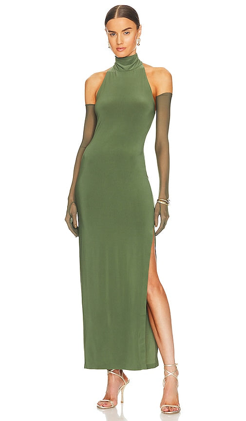 Norma Kamali Halter Turtle Side Slit Gown in Green - Norma Kamali - Robe dos nu avec fente latérale en forme de tortue - Vert - Norma Kamali 绿色挂脖海​​龟侧开衩礼服 - Norma Kamali Neckholder-Kleid mit Schildkröten-Seitenschlitz in Grün - Norma Kamali 홀터 터틀 사이드 슬릿 가운 - Abito Norma Kamali Halter Turtle con spacco laterale in verde