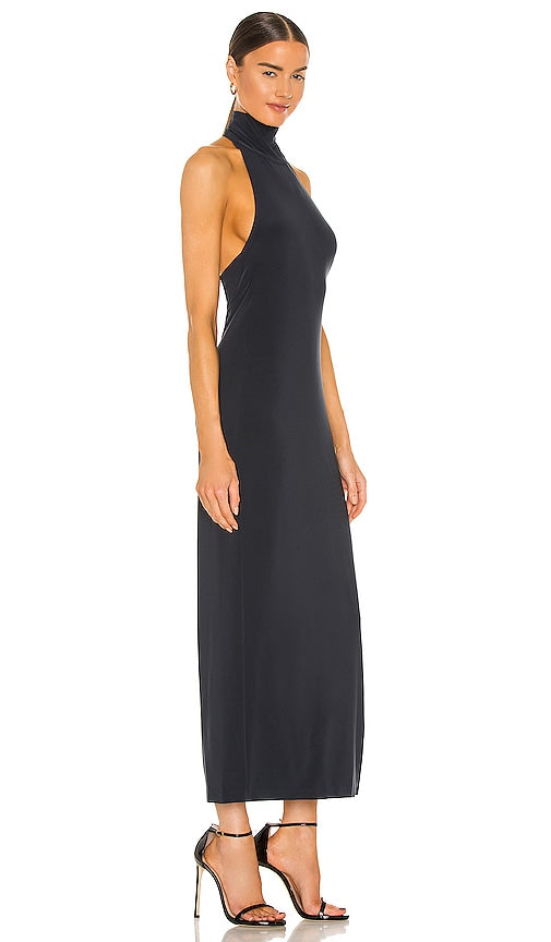 Norma Kamali Halter Turtle Side Slit Gown in Navy