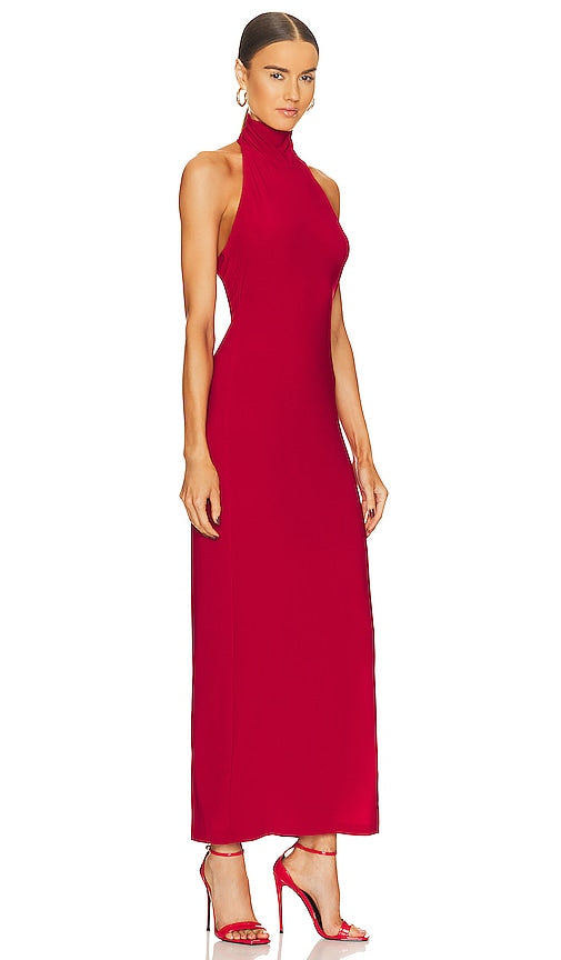 Norma Kamali Halter Turtleneck Side Slit Gown in Red