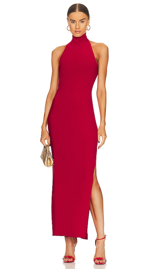 Norma Kamali Halter Turtleneck Side Slit Gown in Red