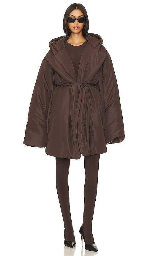 Norma Kamali Hooded Sleeping Bag Car Coat in Chocolate