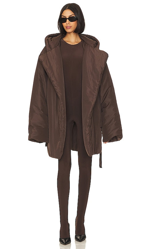 Norma Kamali Hooded Sleeping Bag Car Coat in Chocolate