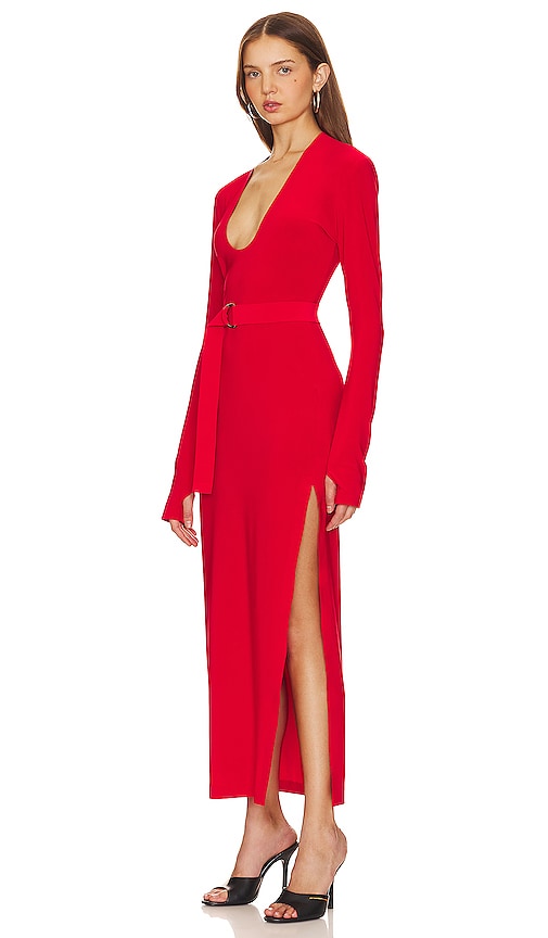 Norma Kamali Long Sleeve Deep U Neck Side Slit Gown in Red