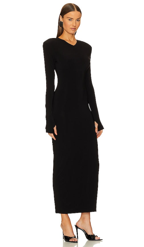 Norma Kamali Long Sleeve Shoulder Pad Side Slit Gown in Black
