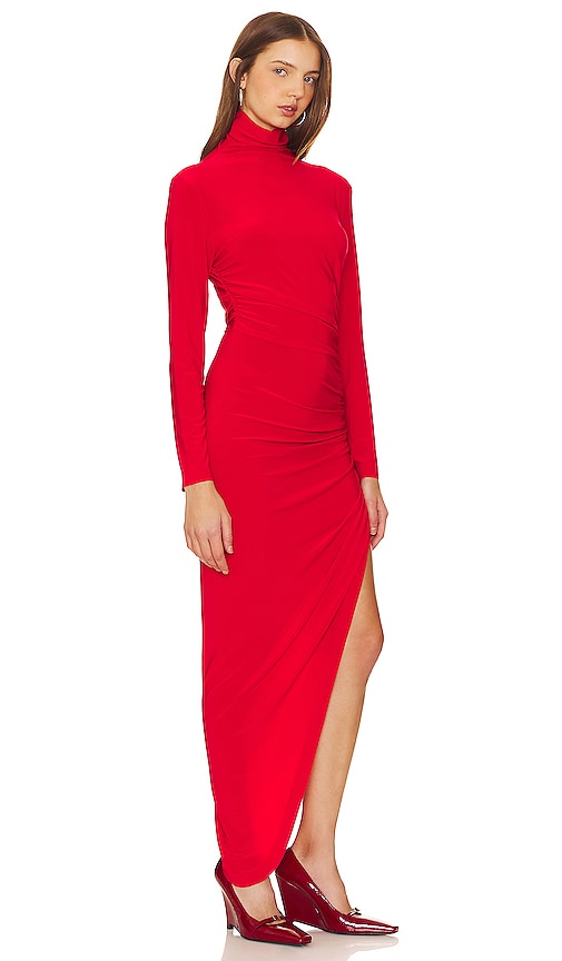 Norma Kamali Long Sleeve Turtle Neck Side Drape Gown in Red