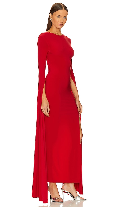 Norma Kamali Open Back Ribbon Sleeve Wide Slit Gown in Tiger Red