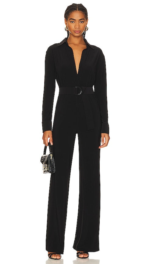 Norma Kamali Shirt Straight Leg Jumpsuit With Collar Stand in Black - Norma Kamali - Combinaison chemise à jambe droite avec col montant en noir - Norma Kamali 黑色立领衬衫直筒连身裤 - Norma Kamali Hemd-Overall mit geradem Bein und Stehkragen in Schwarz - Norma Kamali 셔츠 스트레이트 레그 점프수트 위드 칼라 스탠드 블랙 색상 - Camicia Norma Kamali, tuta a gamba dritta con colletto rialzato in nero