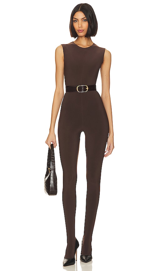 Norma Kamali Sleeveless Catsuit With Footsie in Chocolate - Norma Kamali Catsuit sans manches avec footsie en chocolat - Norma Kamali 巧克力色足部无袖连身裤 - Norma Kamali Ärmelloser Catsuit mit Füßling in Schokolade - Norma Kamali 민소매 캣수트와 Footsie in Chocolate - Catsuit senza maniche Norma Kamali con piedino color cioccolato