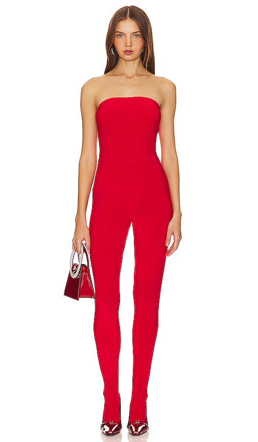 Norma Kamali Strapless Catsuit With Footsie in Red - Combinaison catsuit sans bretelles Norma Kamali avec footsie en rouge - Norma Kamali 红色无肩带连裤袜 - Norma Kamali Trägerloser Catsuit mit Füßling in Rot - Norma Kamali 스트랩리스 캣수트와 Footsie 레드 색상 - Catsuit senza spalline Norma Kamali con piedino in rosso