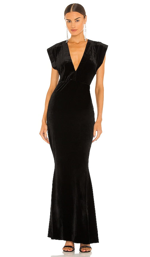 Norma Kamali V Neck Rectangle Gown in Black - Norma Kamali - Robe rectangulaire à col en V en noir - Norma Kamali 黑色 V 领长方形礼服 - Norma Kamali Rechteckiges Kleid mit V-Ausschnitt in Schwarz - Norma Kamali V 넥 직사각형 가운블랙 색상 - Abito rettangolare Norma Kamali con scollo a V in nero