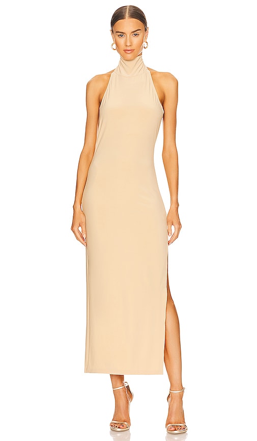 Norma Kamali x REVOLVE Halter Turtle Side Slit Gown in Nude