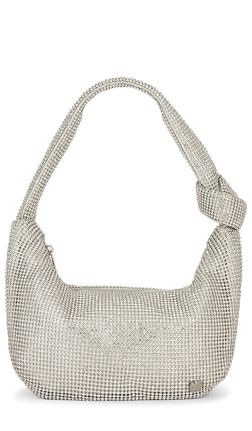 olga berg Jessica Soft Crystal Mesh Croissant Bag in Metallic Silver