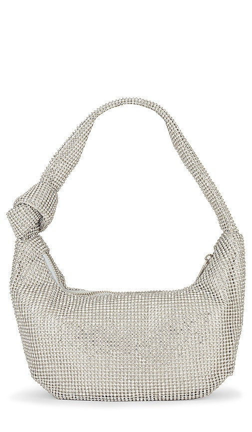 olga berg Jessica Soft Crystal Mesh Croissant Bag in Metallic Silver