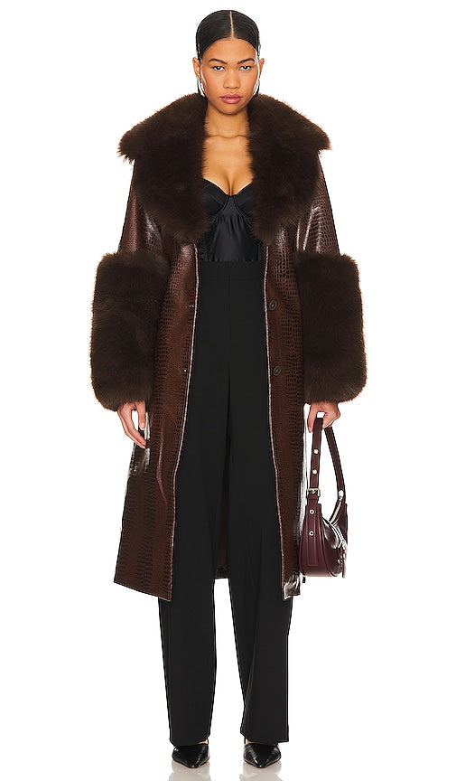 OW Collection Astrid Faux Fur Coat in Brown