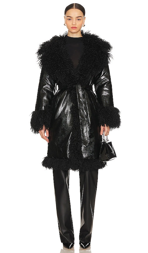 OW Collection Freya Faux Fur Coat in Black