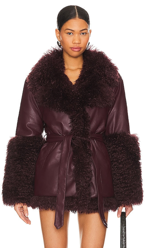 OW Collection Thora Faux Fur Jacket in Burgundy