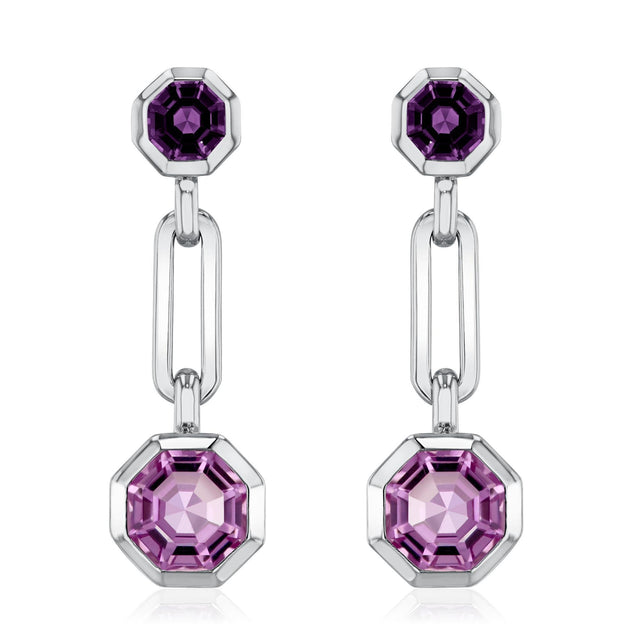 Octagon Amethyst and Pink Amethyst Sterling Silver Link Drop Earrings