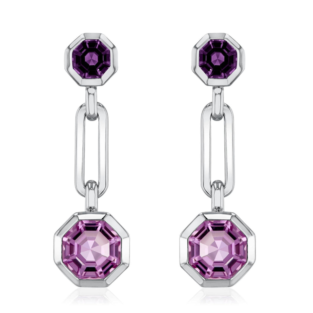 Octagon Amethyst and Pink Amethyst Sterling Silver Link Drop Earrings