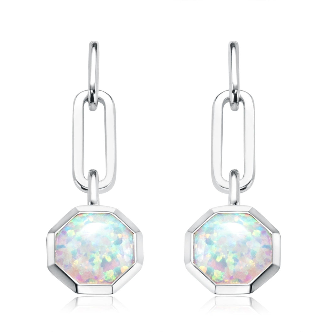 Octagon Created Opal Sterling Silver Paperclip Link Drop Earrings