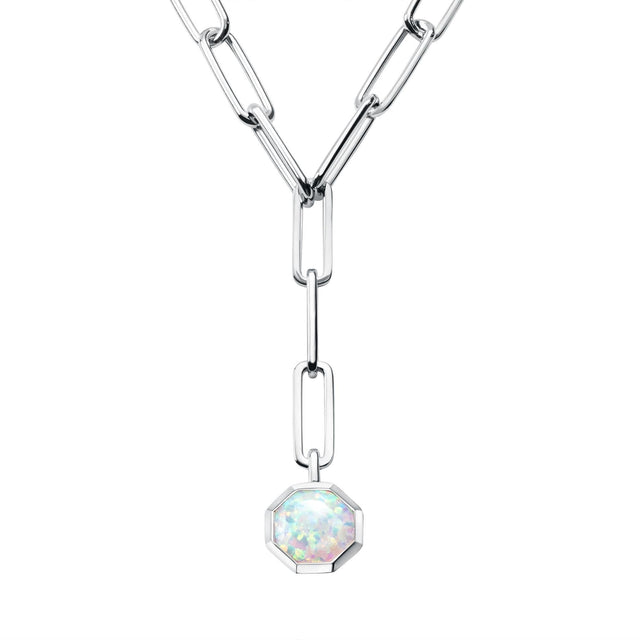 Octagon Created Opal Sterling Silver Paperclip Link Y Necklace