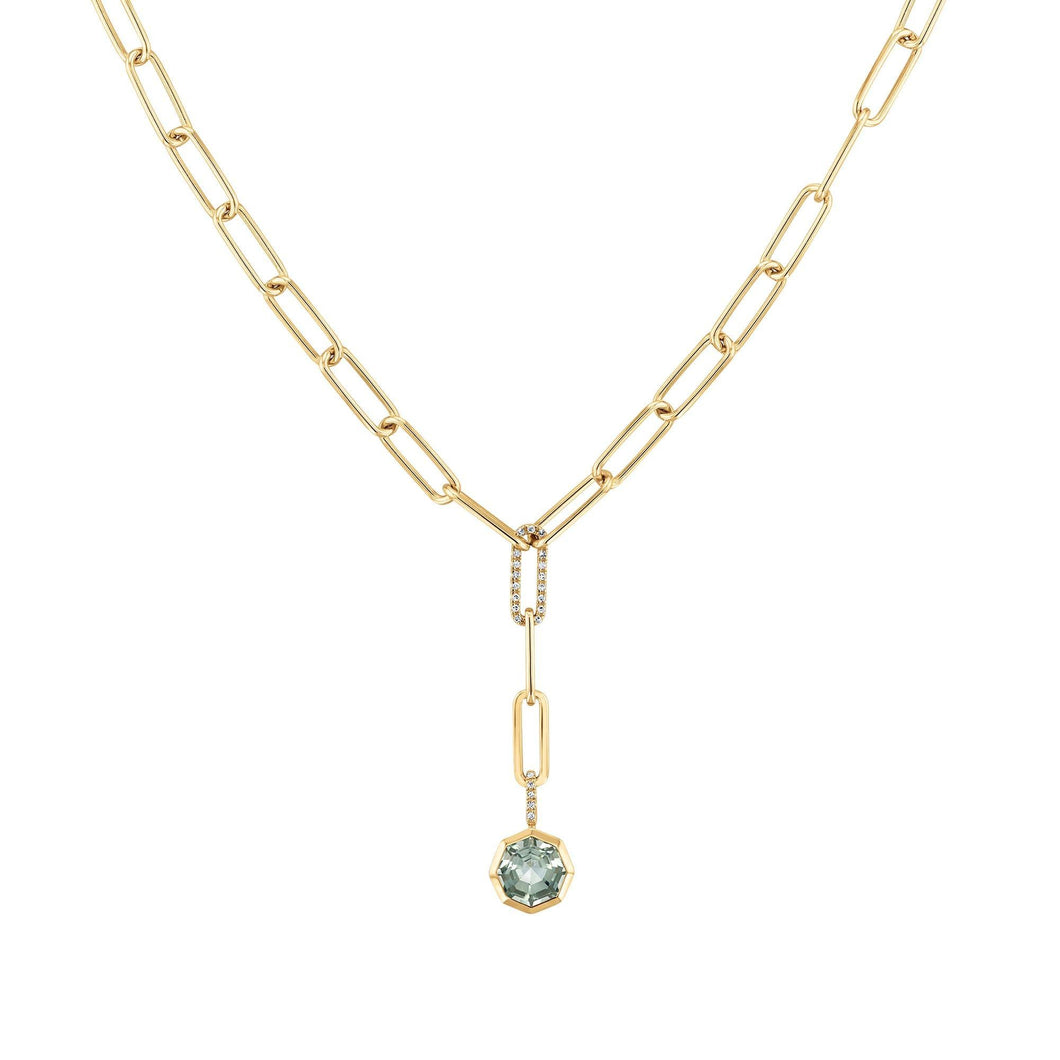 Octagon Green Quartz and 1/10ctw Diamond Yellow Gold Necklace, Limited Edition