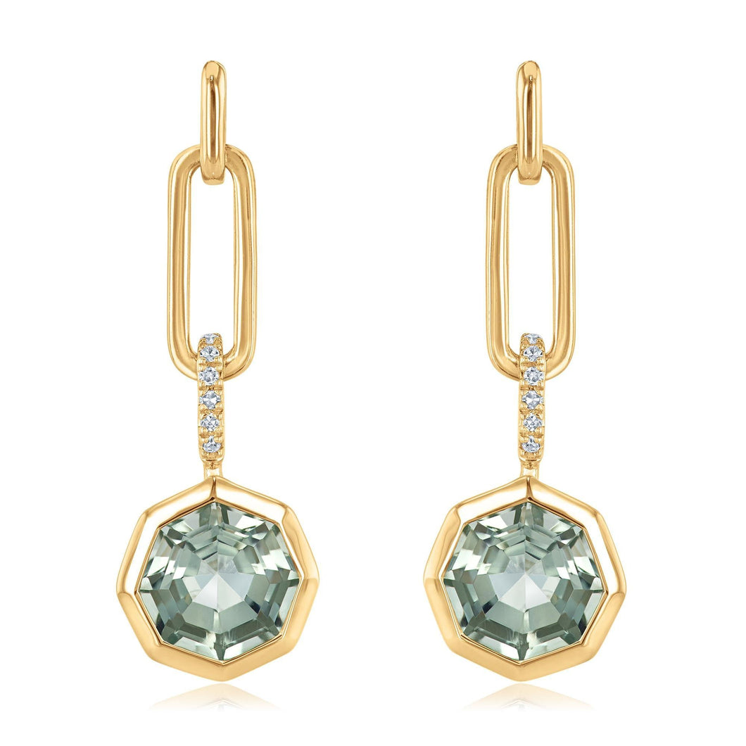 Octagon Green Quartz and Diamond Accent Yellow Gold Drop Earrings, Limited Edition