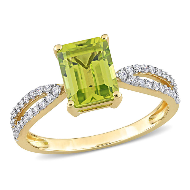 Octagon Peridot and 1/5ctw Diamond Yellow Gold Ring - Size 8