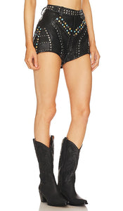 One Teaspoon Studded Jewel High Waist Leather Short in Black