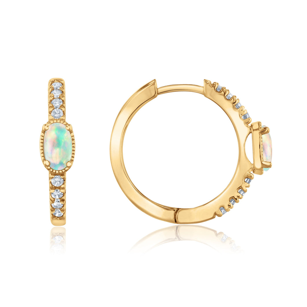Opal and 1/6ctw Diamond Yellow Gold Huggie Hoop Earrings