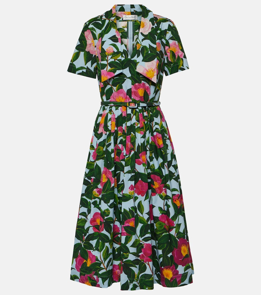 Oscar de la Renta Floral cotton poplin midi dress. Oscar de la Renta 花卉棉质府绸中长连衣裙