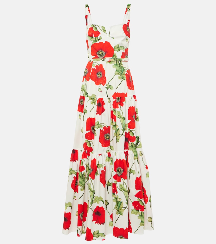 Oscar de la Renta Floral tiered cotton-blend poplin maxi dress. Oscar de la Renta 花卉图案多层棉混纺府绸长裙