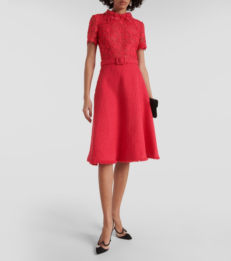 Oscar de la Renta Gardenia guipure and tweed midi dress