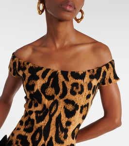 Oscar de la Renta Leopard-print off-shoulder midi dress