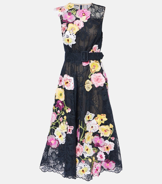 Oscar de la Renta Orchid embroidered lace cocktail dress