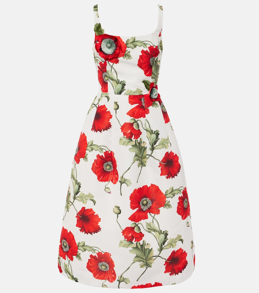 Oscar de la Renta Poppy embroidered midi dress. Oscar de la Renta 罂粟花刺绣中长连衣裙