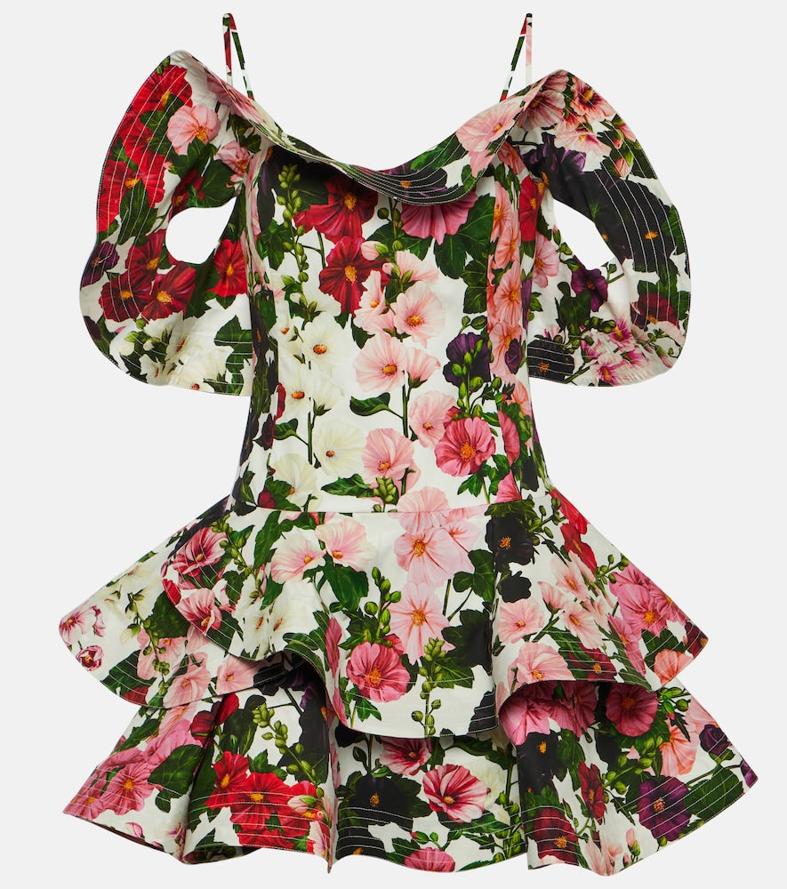 Oscar de la Renta Ruffled floral cotton-blend minidress. Oscar de la Renta 荷叶边花卉棉质混纺迷你连衣裙
