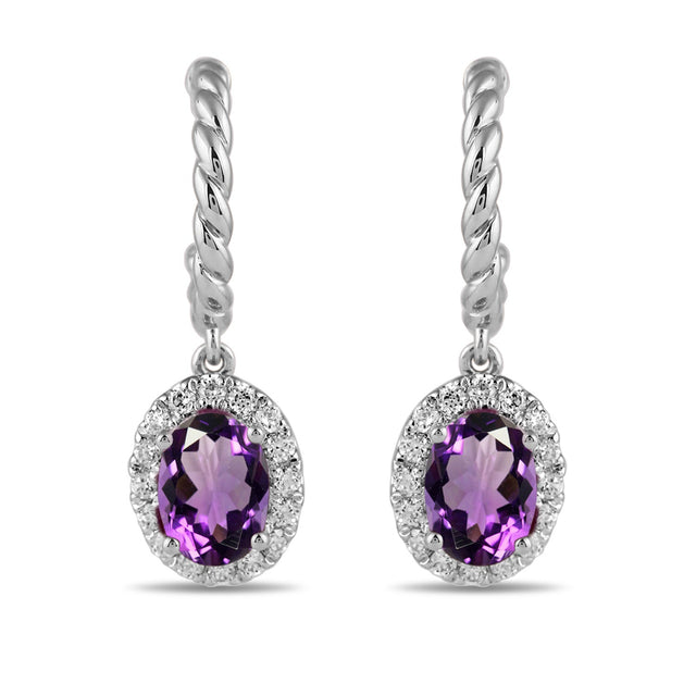 Oval Amethyst and 1/3ctw Lab Grown Diamond White Gold Hoop Drop Earrings