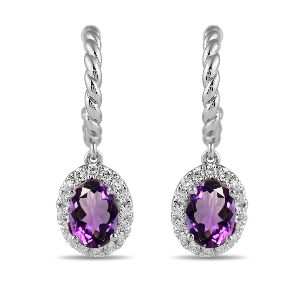 Oval Amethyst and 1/3ctw Lab Grown Diamond White Gold Hoop Drop Earrings