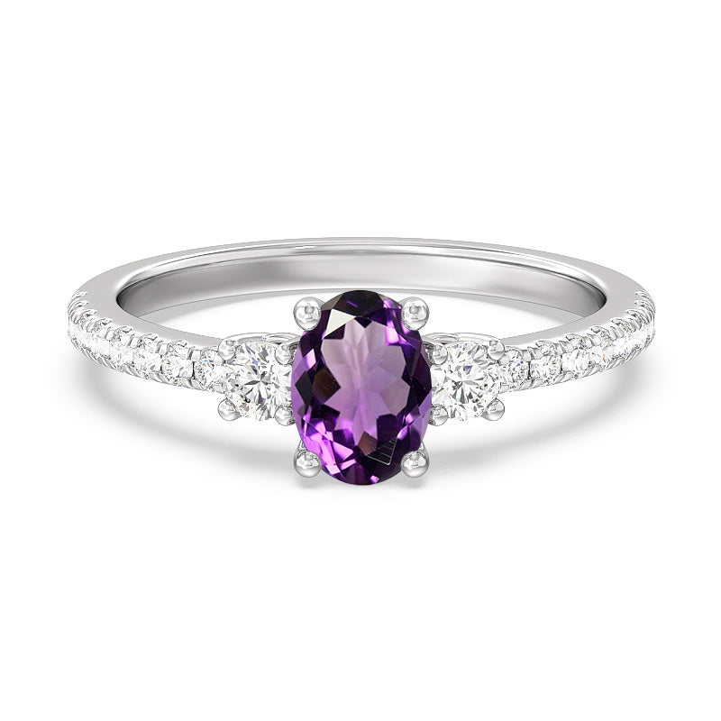 Oval Amethyst and 1/3ctw Lab Grown Diamond White Gold Ring - Size 5