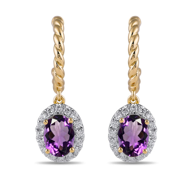 Oval Amethyst and 1/3ctw Lab Grown Diamond Yellow Gold Hoop Drop Earrings