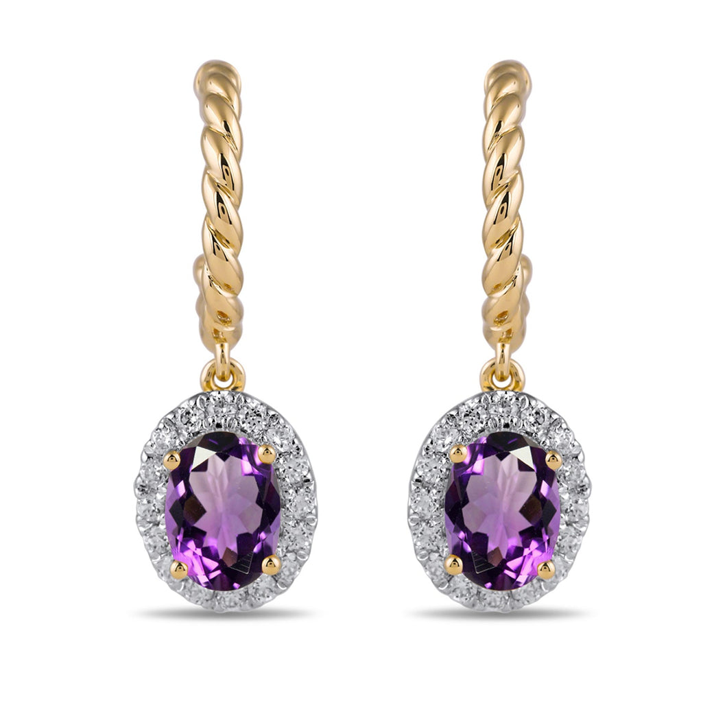 Oval Amethyst and 1/3ctw Lab Grown Diamond Yellow Gold Hoop Drop Earrings