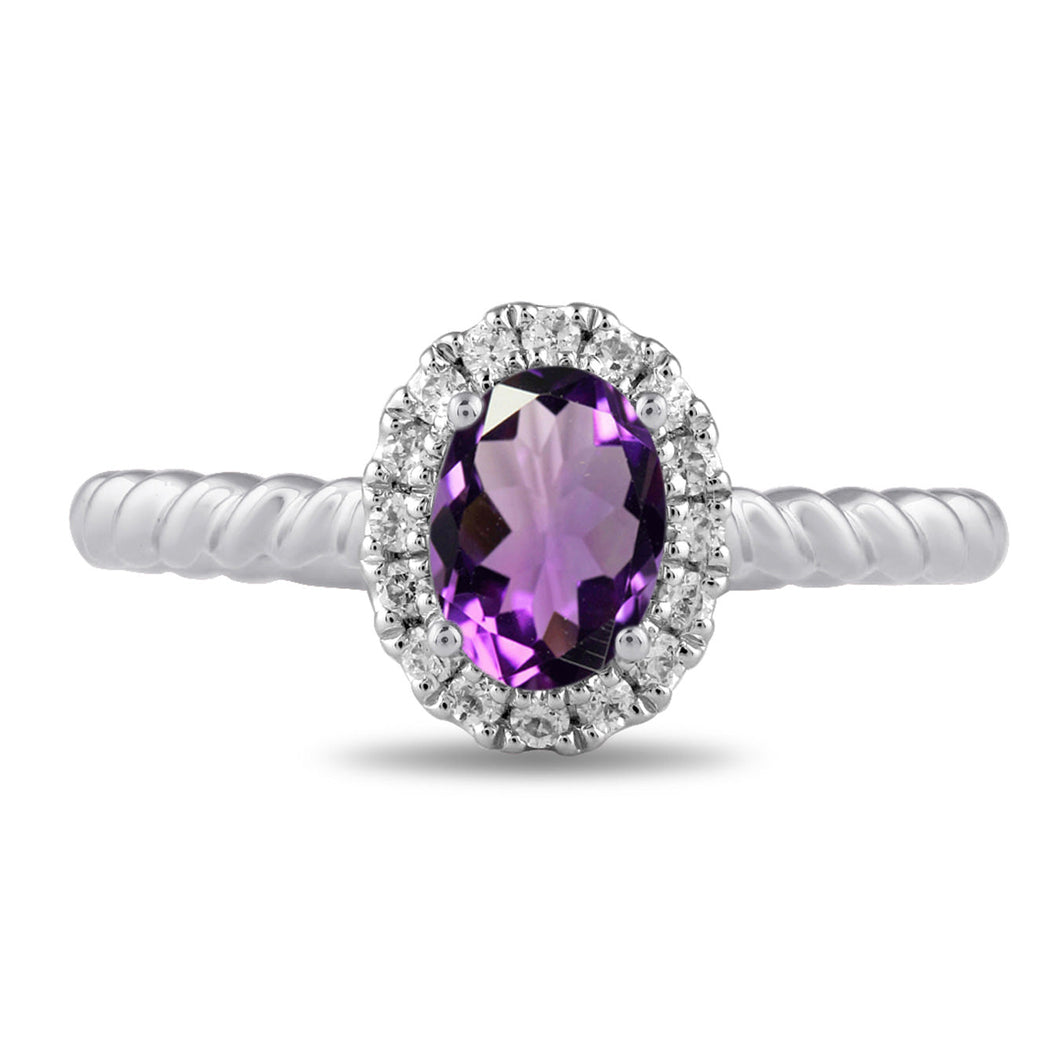 Oval Amethyst and 1/6ctw Lab Grown Diamond Halo White Gold Ring - Size 5