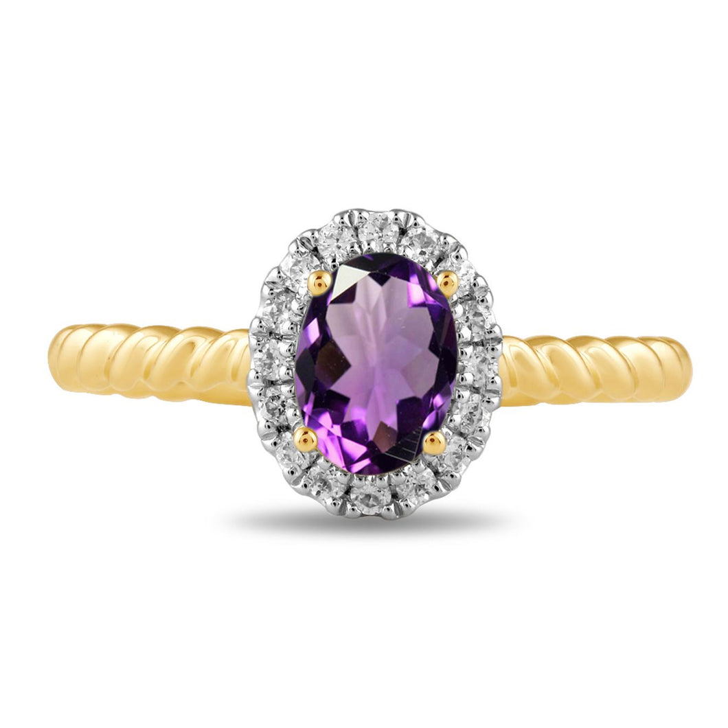 Oval Amethyst and 1/6ctw Lab Grown Diamond Halo Yellow Gold Ring